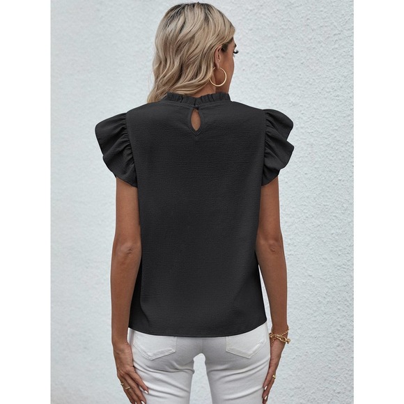 🌟 Mock Neck Lettuce Trim Ruffle short sleeve Blouse black - Picture 2 of 11